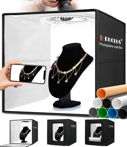 DUCLUS Caja de Luz para Fotografía, Caja de Estudio Fotográfico Portátil de 16x16 Pulgadas con 160 Luces LED Ajustables, 6 Fondos de PVC y 2 de