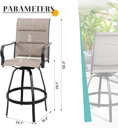 Miniatura 3 de Vongrasig Juego de 2 Sillas Giratorias de Bar para Patio Exterior, Taburetes de Bar Altos con Textil Tipo Sling Acolchado Resistente a Todo Clima
