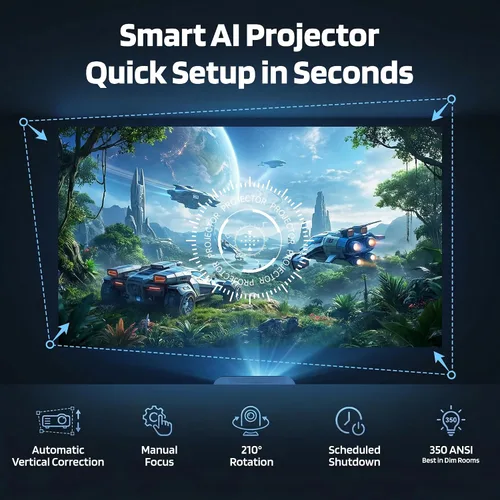 Miniatura 6 de Mini proyector para dormitorio y exteriores, proyector portátil inteligente Android 14, 1080P con soporte 4K, WiFi 6 Bluetooth 5.4, rotación
