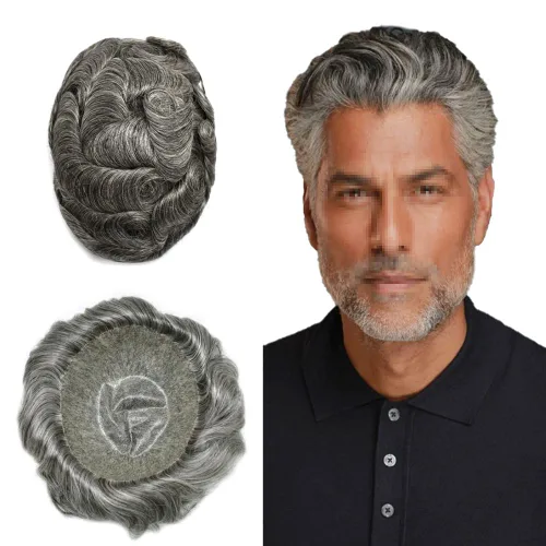 Miniatura 40 de Extensiones de pelo y tupés para hombre, sistema de cabello humano de poliéster completo para hombre, postizo de repuesto para hombre, protesis