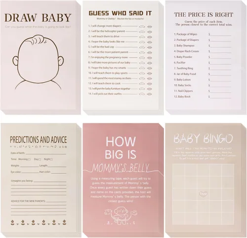 Juego de 150 tarjetas de juegos de baby shower, 6 juegos divertidos que incluyen bingo, Don't Say Baby, Price is Right y más, perfecto para hasta 25