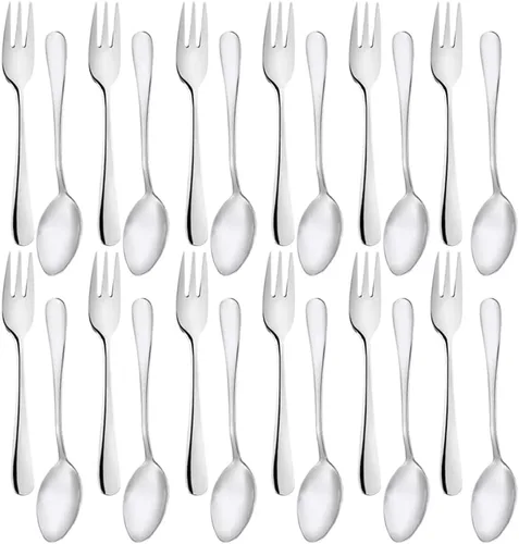 Snamonkia Juego de 24 tenedores pequeños para aperitivos y cucharas demitasse de acero inoxidable, de 5.4 pulgadas, para ensalada, postre, café,