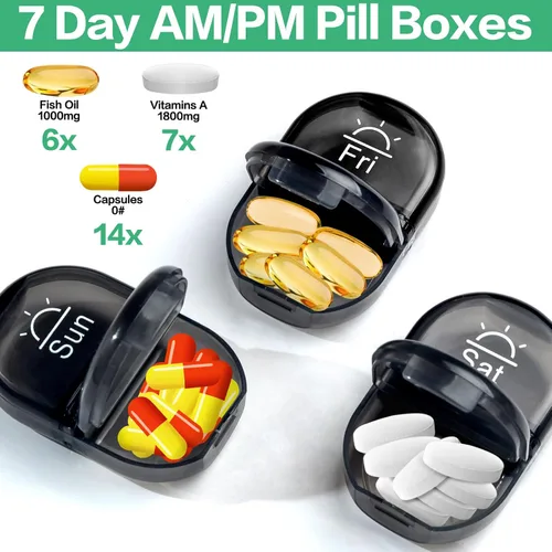 Miniatura 5 de Serfeymi Pastillero semanal de viaje 2 veces al día AM PM pastillero negro actualizado 7 días con cremallera portátil de lona pastillero