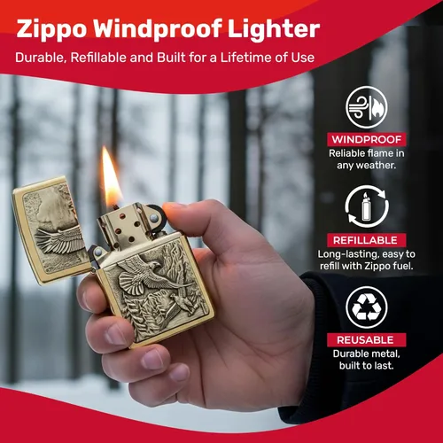 Miniatura 2 de Zippo Encendedor de bolsillo Eagles Dare - Encendedores recargables con tapa abatible a prueba de viento - Encendedores de bolsillo con diseño Latón
