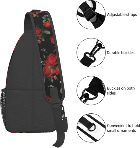 Miniatura 4 de Junong Bolso bandolera bandolera para viajes, senderismo, pecho, mochila deportiva para mujeres y hombres, Patrón floral de rosas rojas