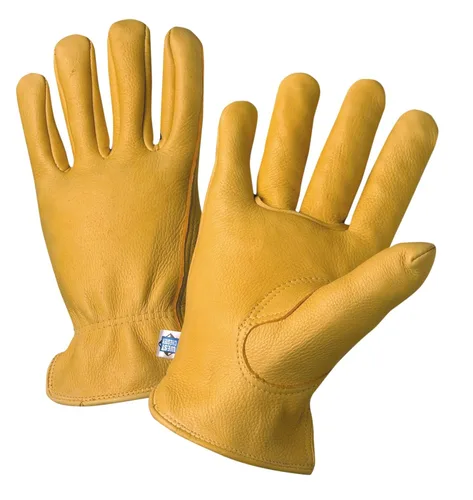 West Chester 85040 Guantes de cuero de ciervo de grano para conductor, dorados, guantes de trabajo pequeños con muñeca elástica fruncida, pulgar