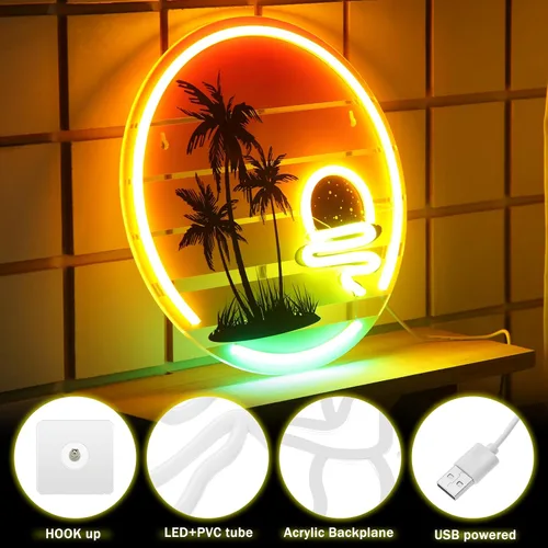 Miniatura 3 de Glooglitter Letrero de neón tropical de 11.8 pulgadas, palmera y puesta de sol, luz de neón para decoración de pared, coloridos letreros de barra