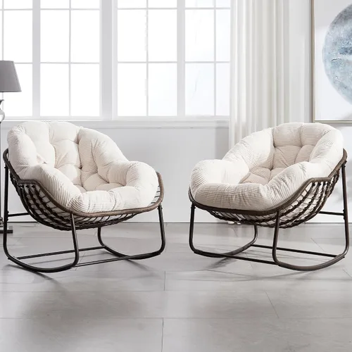 Miniatura 20 de HOMEFUN Juego de 2 mecedoras para patio al aire libre, sillas Papasan Rock de gran tamaño para interiores con cojín acolchado, asiento de huevo