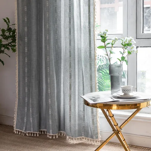 Miniatura 13 de Cortinas de lino de granja estilo bohemio Aveboll de 63" 84" 96" pulgadas de largo, juego de 2 paneles, cortinas modernas y rurales con bordado