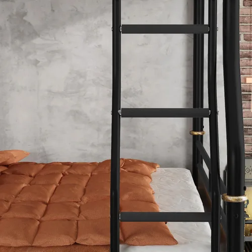 Miniatura 7 de KEIKI Litera desmontable de metal tamaño matrimonial XL con escaleras, cabecera de MDF y barandilla, literas modernas con listones sólidos,