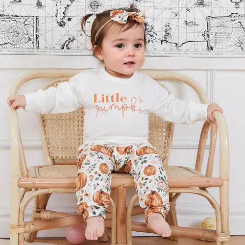 Miniatura 3 de Ropa de invierno para bebé niña, sudadera de cuello redondo con diseño de calabaza, pantalones deportivos de flores, diadema para niños pequeños