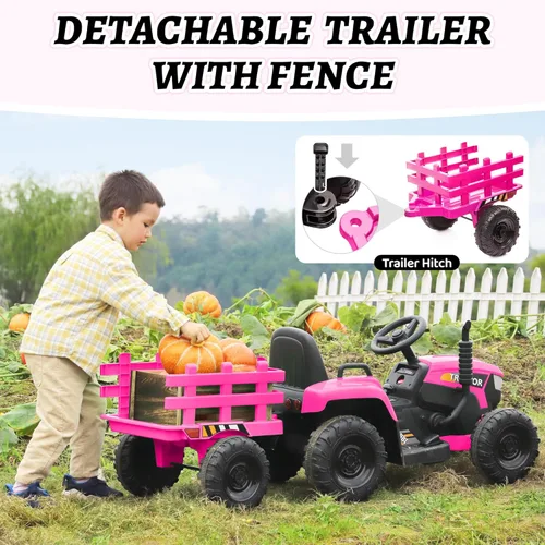 Miniatura 4 de TOBBI - Tractor de juguete a batería de 12 V con remolque color verde, rosado y rojo Rosa Rojo