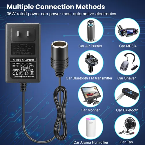 Miniatura 3 de Convertidor de 110V CA a CC 12V 2A 24W, adaptador de encendedor de cigarrillos a enchufe de pared 110-240V, adaptador de fuente de alimentación