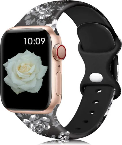 Miniatura 9 de Lerobo - Correas de silicona, estampado floral, patrón que no se desvanece, repuesto de reloj para hombre y mujer, compatibles con reloj Apple Watch