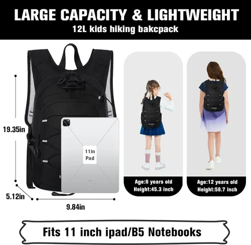 Miniatura 3 de Mochila de senderismo para niños de 12 litros, mochila de hidratación pequeña, mochila de campamento impermeable para niños 5-10, sin vejiga de agua