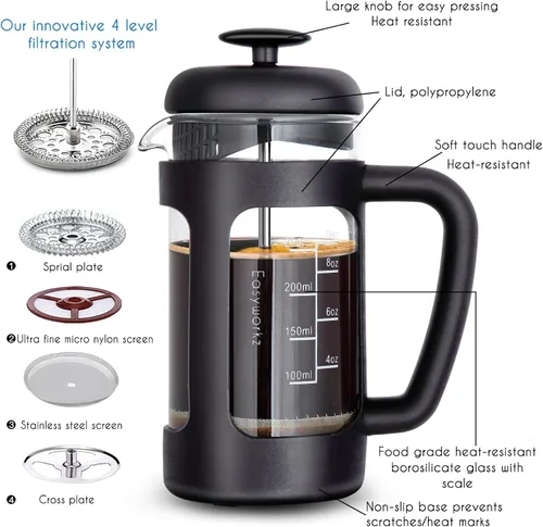 Miniatura 3 de Easyworkz French Press - Cafetera de 12 onzas con vidrio de borosilicato, mango de agarre suave