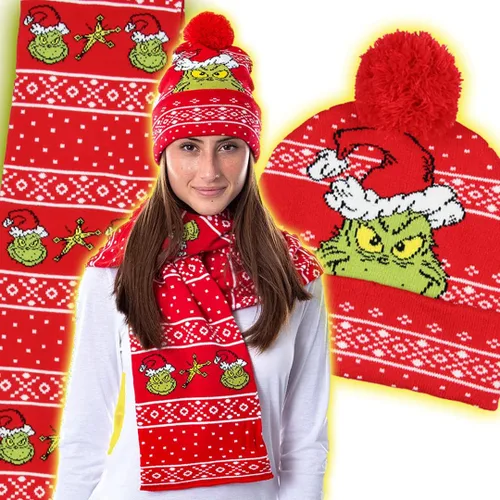 Miniatura 5 de Dr. Seuss The Grinch Who Stole Christmas - Juego de bufanda de punto y gorro de pompón, Rojo