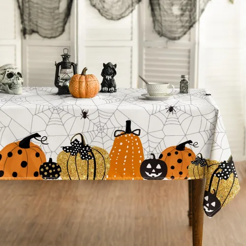 Miniatura 8 de Horaldaily Mantel rectangular de Halloween de 52 x 70 pulgadas, diseño de telaraña de calabaza con temática de miedo, color negro, lavable