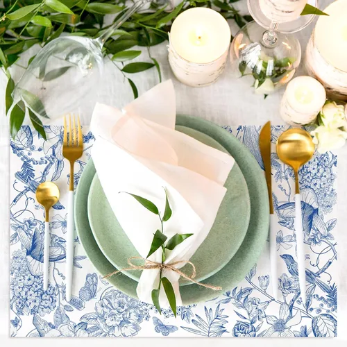 Miniatura 4 de AnyDesign Paquete de 50 manteles individuales de papel de flores y pájaros, ramas de hortensias azules y blancas, manteles individuales desechables