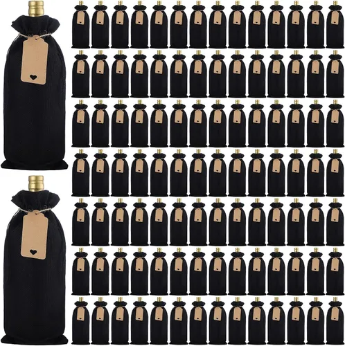 Nuogo 100 bolsas de vino de arpillera negra con cordón a granel, bolsas de regalo reutilizables de yute para botella de vino con etiquetas y cuerdas