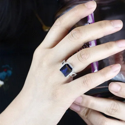 Miniatura 21 de Gem Stone King 5-8 Cttw Halo Ring for Women 925 Sterling Silver Emerald Cut 12X10MM Gemstone Birthstone Fine Jewelry for Her Mom Wife