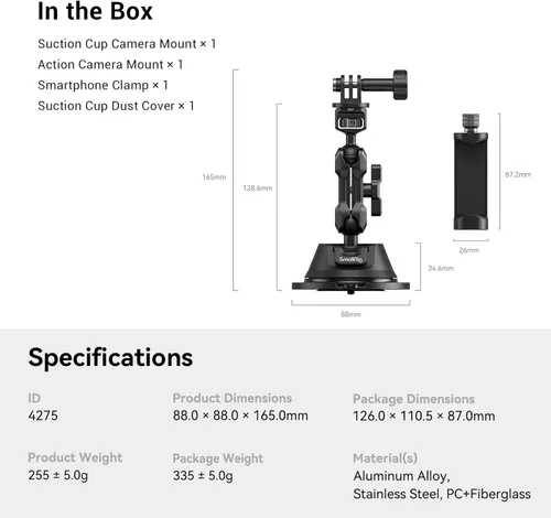 Miniatura 9 de SMALLRIG Soporte de ventosa para GoPro con pasador antitorsión, soporte de metal para parabrisas de automóvil en el exterior, montaje en tablero