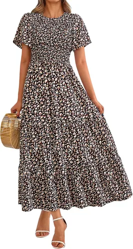 Miniatura 19 de PRETTYGARDEN - Vestido largo casual de verano para mujer, manga corta acampanada, bohemio, floral, cuello redondo, vestido blusón, escalonado
