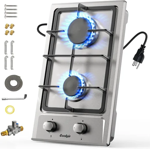 Miniatura 8 de encimera de gas de 30 cm (12 pulgadas), 2 quemadores, cocina de propano incorporada, encimera de cocina interior adecuada para combustible dual