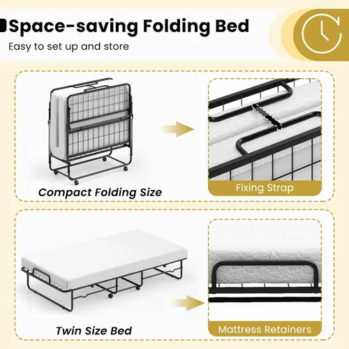 Miniatura 6 de Giantex Cama plegable individual con colchón, cama portátil enrollable con marco de metal resistente, cama plegable que ahorra espacio con colchón