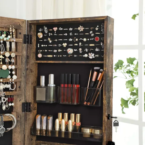 Miniatura 4 de SONGMICS Armario de joyería de espejo armario de almacenamiento de cosméticos 3 en 1 armario de joyería con cerradura con espejo estante de malla