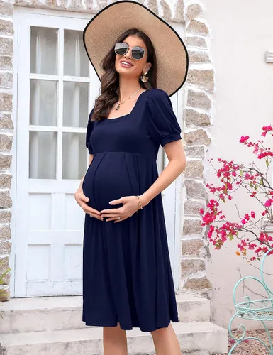 Miniatura 4 de MISSKY Vestidos de maternidad de manga corta para mujer, cuello cuadrado, fruncido, ropa de embarazo para uso diario o baby shower