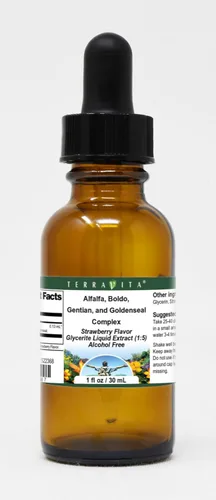 Extracto líquido de glicerita complejo de alfalfa, boldo, genciana y sello dorado (1:5) - Sabor a fresa (1 oz, ZIN: 522368)