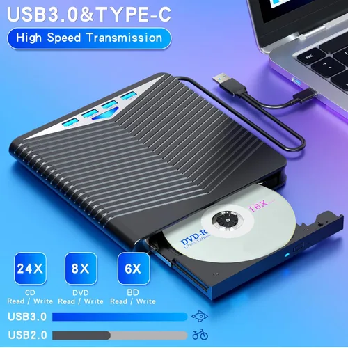 Miniatura 3 de Dainty Unidad Blu ray externa 7 en 1 lectura/escritura con quemador Bluray USB 3.0 y tipo C compatible con/Windows7-11 Mac OS Soporte para unidad