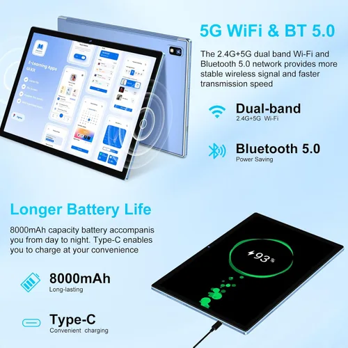 Miniatura 5 de Tablet 2026, tabletas Android 15 de 10 pulgadas 22GB+128GB+1TB Expand, tableta electrónica 2 en 1 Octa-Core con funda de teclado y mouse, batería