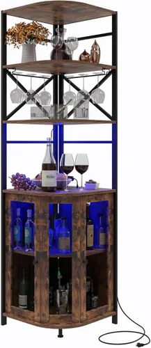 Miniatura 10 de Gabinete de bar de vino con toma de corriente, gabinete de vino industrial de 6 niveles con luz LED y soporte para vidrio, gabinete de barra de Gris