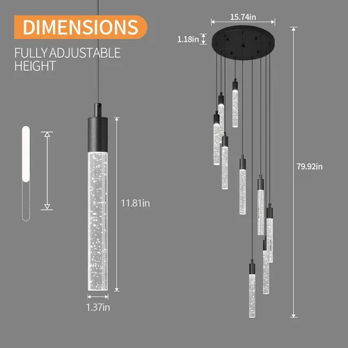 Miniatura 7 de Candelabro moderno de 9 luces para sala de estar, lámparas colgantes de techo de cristal negro, LED, regulables, 54 W, 6000 K, escaleras, grandes