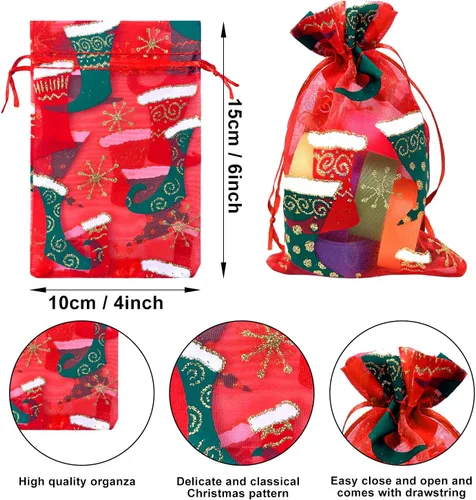 Miniatura 2 de 50 bolsas de organza de Navidad, 4 x 6 pulgadas, pequeñas bolsas de regalo de Navidad con cordón, bolsas de malla para regalo rojo (Red-christmas)