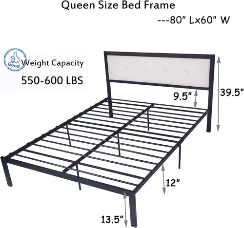 Miniatura 2 de LUCKYERMORE Base de cama de plataforma Queen de 12 pulgadas con cabecera beige, marco de cama de metal resistente con almacenamiento debajo