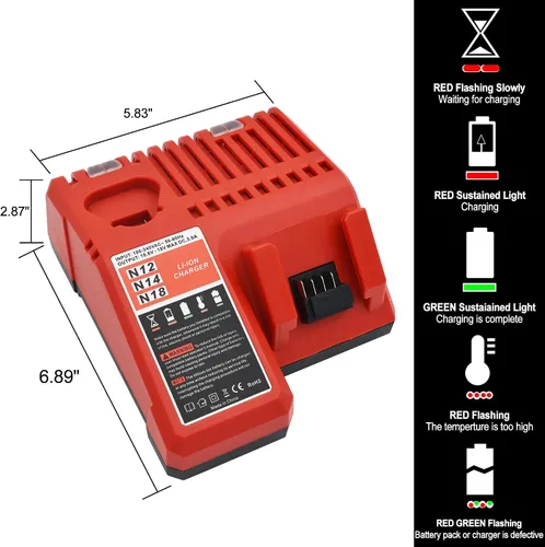 Miniatura 8 de Worthmah Paquete de 2 baterías de 5.0Ah 18V y cargador de repuesto para batería Milwaukee M18 48-11-1850, compatible con cargador de batería m18