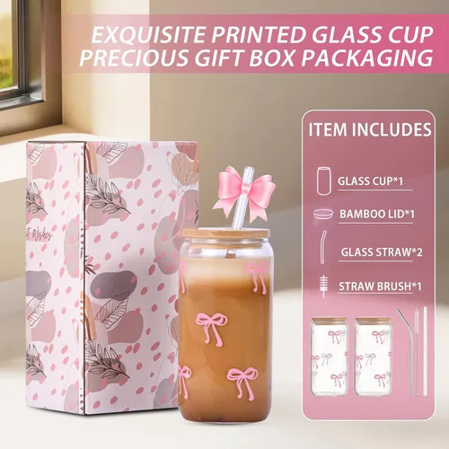 Miniatura 6 de Tazas de vidrio lindas con moño rosa y tapas y popotes, taza estética de café helado, taza de diseño preppy femenino, regalos de cumpleaños y San