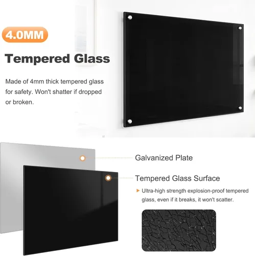 Miniatura 3 de Pizarra negra de borrado en seco, 61 x 46 cm, pizarra de vidrio magnética sin marco para montar en la pared, para oficina, escuela y hogar, con 1