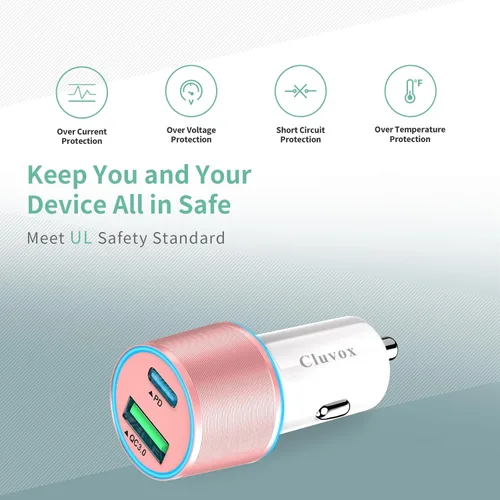 Miniatura 3 de Adaptador de cargador de coche USB C de 38 W, 20 W rápido USB-C y puertos QC3.0 rápidos de 18 W, adaptador de encendedor de cigarrillos de 12 V