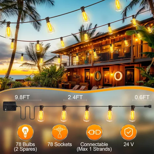 Miniatura 7 de MGVIH - Cadena de luces LED para exteriores de patio - 200 pies 60M luz impermeable exterior con control remoto regulable ST38 foco inastillable