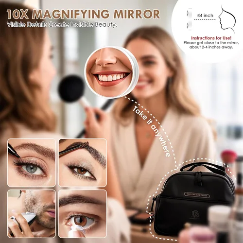 Miniatura 6 de Espejo de maquillaje iluminado, espejo de tocador con luces, aumento de 10X, regalos para mujeres, 3 modos de iluminación de color, control táctil