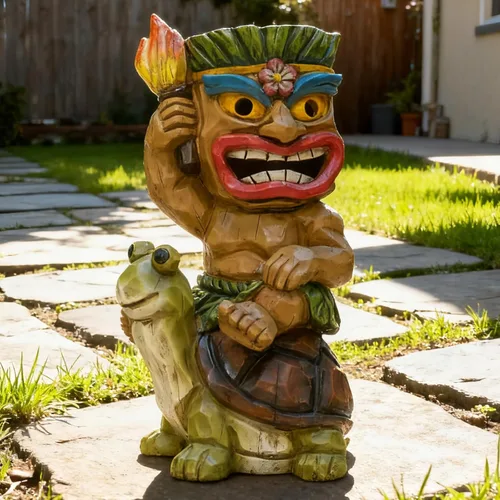 Miniatura 5 de Estatua de Tiki para exteriores con decoración de tortuga, figura de jardín con energía solar, arte Tiki para Tiki bar, patio trasero, jardín