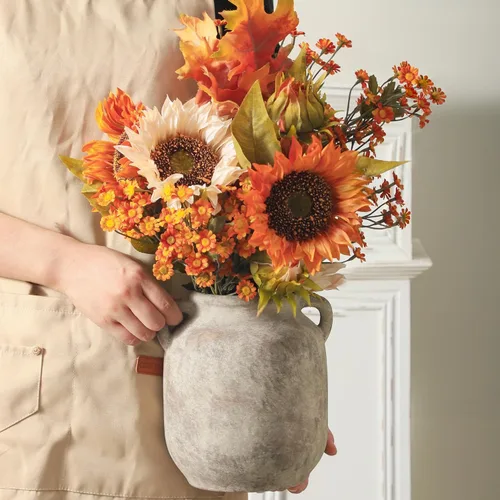 Miniatura 5 de Florero de cerámica para decoración del hogar - 7.6 pulgadas, jarrones rústicos de granja de mesa con asa, decoración de sala de estar, cerámica