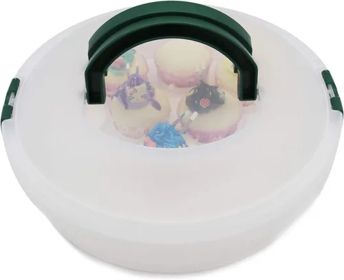 Miniatura 8 de Porta pasteles portátil de 10 pulgadas con tapa y bandeja 3 en 1, recipiente redondo para cupcakes, soporte para huevos, muffins, tartas, galletas