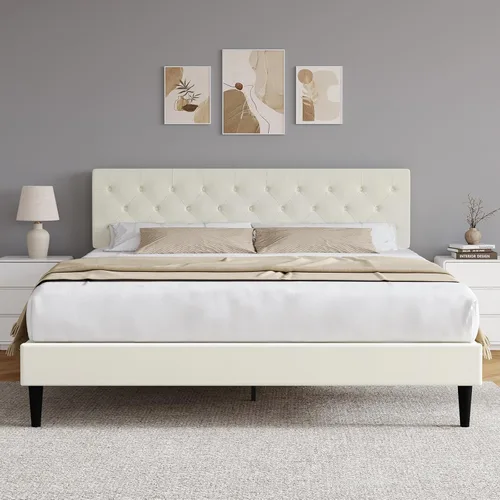 Miniatura 15 de HOMBCK Marco de Cama Queen con Cabecera Capitoné con Botones, Marco de Cama de Plataforma Tapizada Azul, Tela Suave/Soporte de Listones de Madera/No