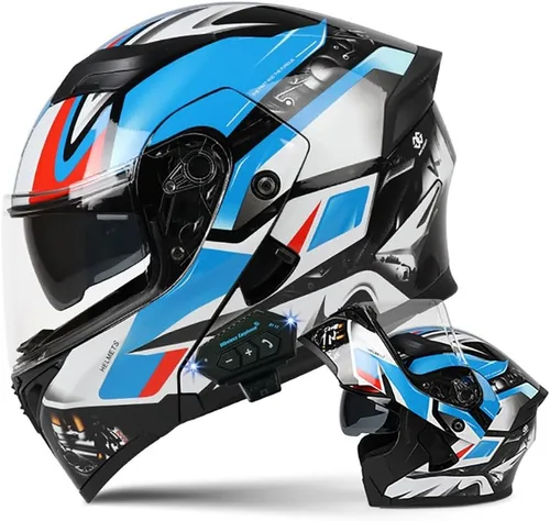 Miniatura 11 de Casco de motocicleta modular Bluetooth con aprobación DOT, antiempañamiento, doble visera, cara completa, abatible, con altavoz y micrófono