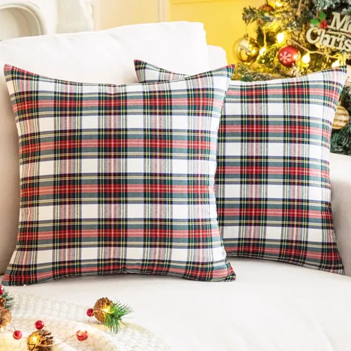 Miniatura 12 de AQOTHES Juego de 2 fundas de almohada decorativas a cuadros de Navidad para decoración rústica de casa, tartán escocés, verde, 22 x 22 pulgadas
